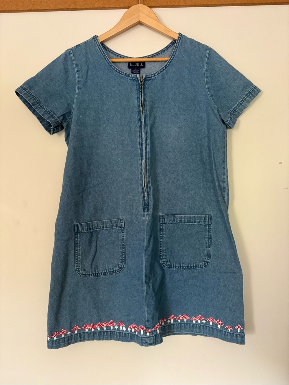 100% Denim Vintage Short-Sleeve Dress in Light Blue with Hand Painted Mushrooms